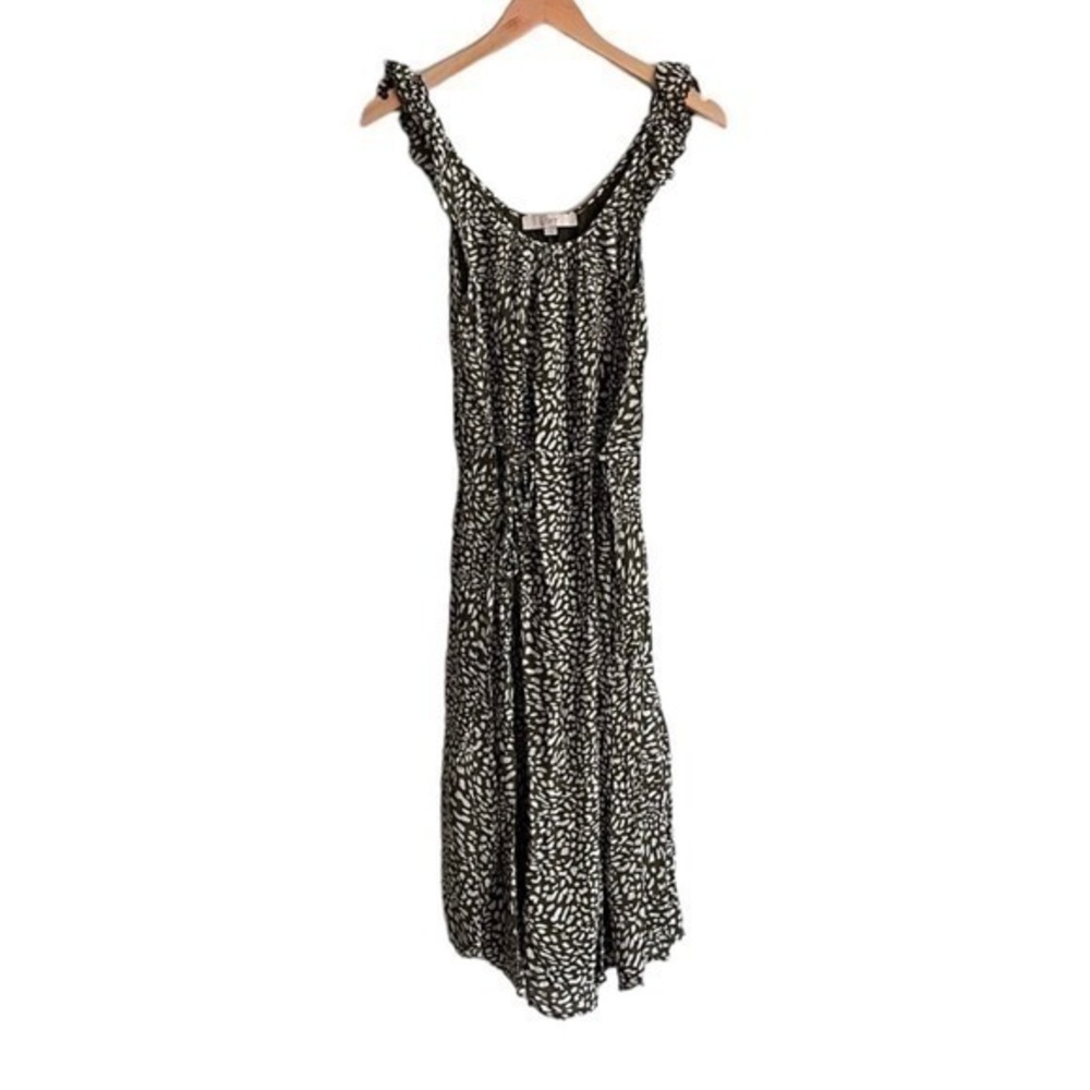 Loft dark green and white ruffle sleeve tie waist dress S